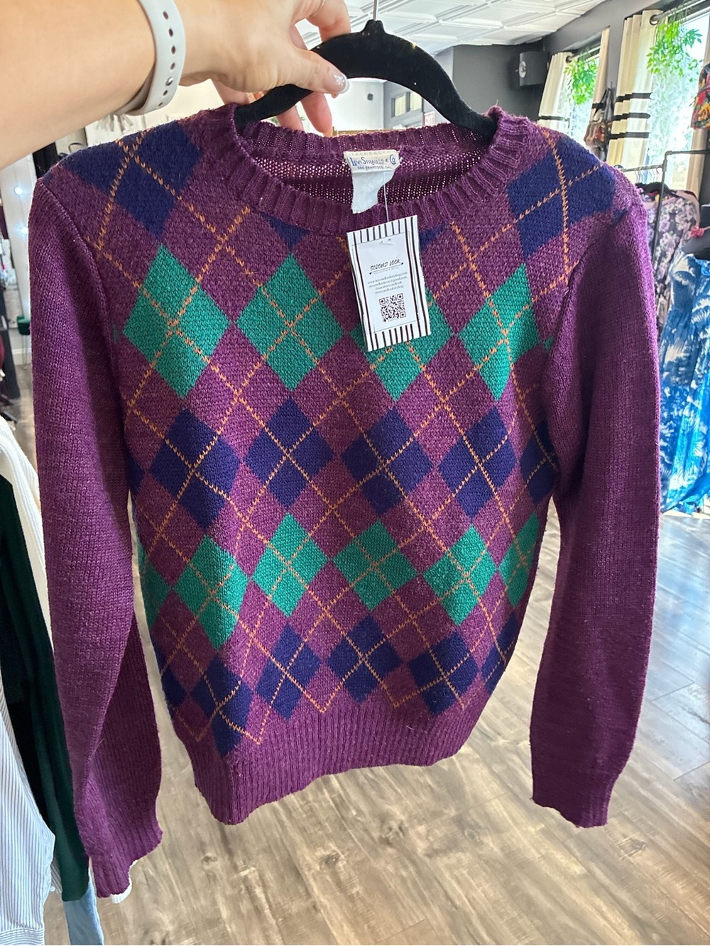 Vintage Levi's Purple Argyle Crewneck Sweater with Green and Navy Diamonds